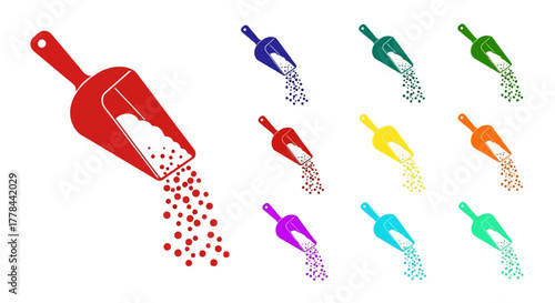 Colorful garden scoops overflowing with seeds or granular material illustration