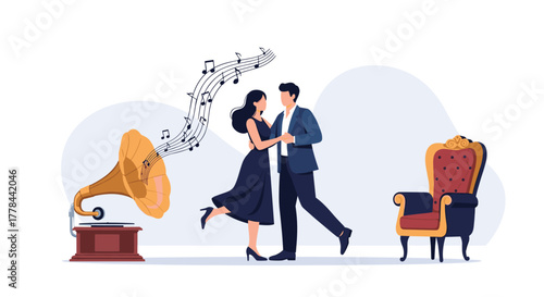 A stylish couple dances gracefully to music from a vintage gramophone, creating a romantic atmosphere in a classic setting.