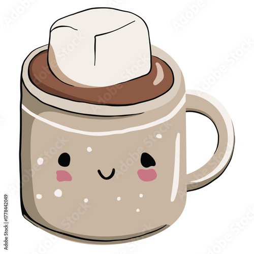 Coffee mug with marshmallow, vector illustration on white background.