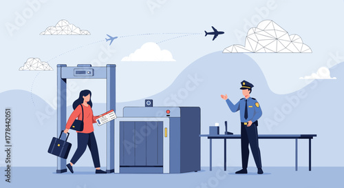 A passenger undergoes airport security screening, passing through a metal detector while a security officer monitors the process.