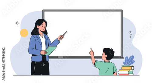 A cheerful teacher uses a marker to explain a lesson on a whiteboard while a young student raises his hand to ask a question.