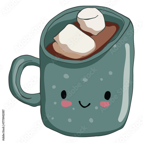 Cute mug of hot chocolate with marshmallow, vector illustration.