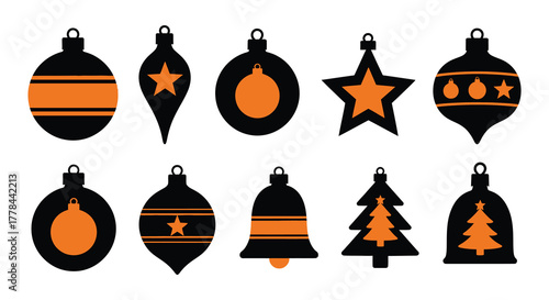 Collection of festive black and orange christmas tree ornaments in various traditional shapes and designs