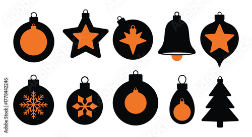 Collection of festive black and orange christmas ornaments in various shapes and sizes for holiday decoration