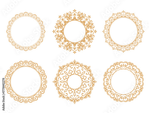 Set of decorative frames Elegant vector element for design in Eastern style, place for text. Floral golden and white borders. Lace illustration for invitations and greeting cards