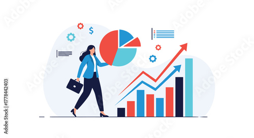 Businesswoman walking with a pie chart, analyzing financial data and driving market growth with strategic planning.