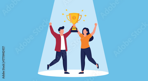 A man and a woman celebrating their victory by holding a golden trophy together under a spotlight.