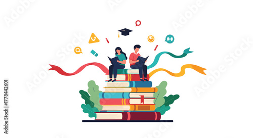 Students reading on a towering stack of books, surrounded by symbols of education and achievement, illustrating the journey of learning and academic success.