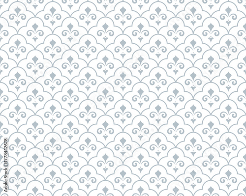 Flower geometric pattern. Seamless vector background. White and gray ornament