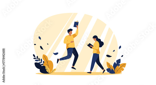 Two people, a man and a woman, are joyfully reading books outdoors, surrounded by foliage and light, depicting learning, happiness, and nature.