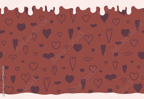 White Glaze Drip on Dark Chocolate Hearts Seamless Background