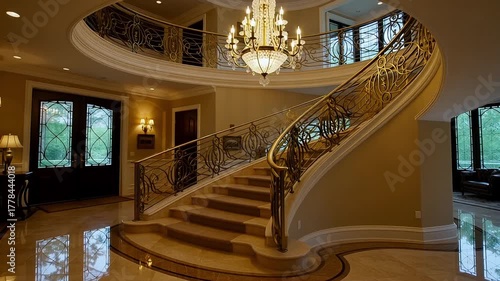 Elegant grand staircase with ornate railing and crystal chandelier illuminates a luxurious modern foyer