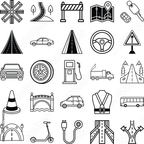Road trip and driving flat vector icon set for travel transportation and navigation