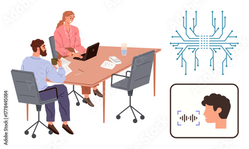 Two colleagues at a desk with laptops and documents discuss innovative AI applications. Digital microchip diagram and voice recognition visual emphasize technology. Ideal for business, AI, teamwork