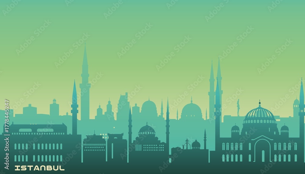 Fototapeta premium istanbul skyline silhouette with green and teal gradient background