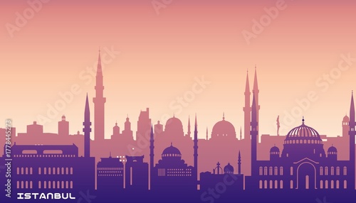 stylized silhouette of istanbul skyline at sunset with gradient background