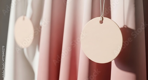 Hanging pale pink tag against soft pink fabric backdrop in a minimalist composition