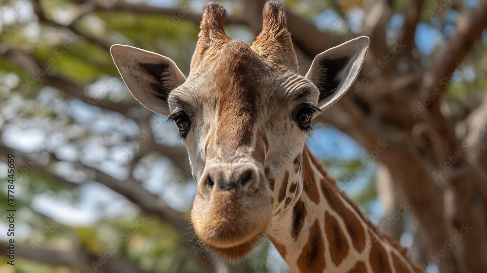 Naklejka premium Close up of a giraffe's face with trees in the background in a natural outdoor setting on a sunny day