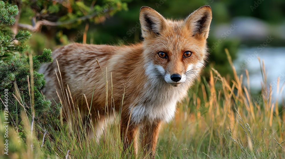 Obraz premium Red Fox Portrait in Grassy Field Wildlife Photography at Golden Hour