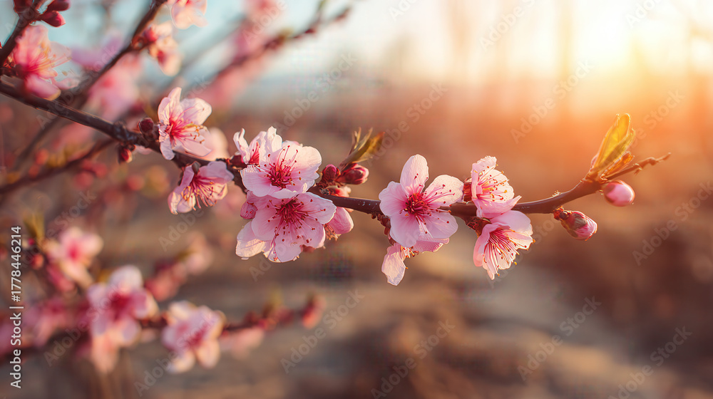Fototapeta premium Delicate pink cherry blossoms bathed in warm golden sunlight