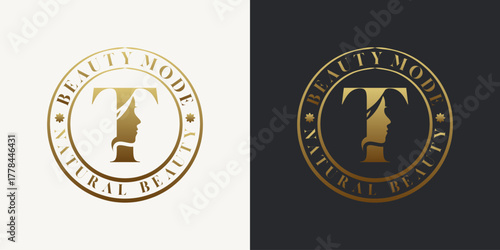 Elegant letter T logo featuring a woman's face silhouette in a gold gradient circular badge design. Ideal for beauty, fashion, skincare, and luxury branding.