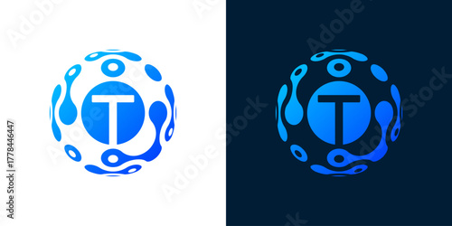 letter t logo design with globe technology, for technology, monogram, data and computers