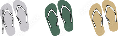 Three pairs of flip-flops in different colors gray, green, and tan, depicted in a flat, stylized illustration