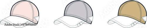 Vector graphic set of classic baseball caps. Three distinct colors soft pink, neutral grey, and warm brown. Ideal for fashion, lifestyle, and apparel accessory designs