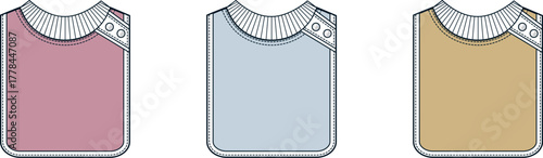 Vector set of baby bibs for newborns. Colorful infant apparel collection for fashion design, flat technical sketch template isolated on white