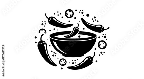 Black and white illustration of chili peppers and a bowl of spice