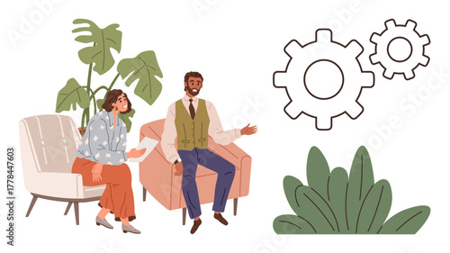 Two coworkers seated on armchairs, engaged in discussion. Gear symbols highlight collaboration and problem-solving. Ideal for teamwork, business planning, strategy, innovation, workflow, growth
