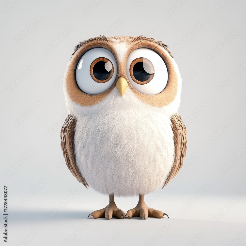 Obraz premium Cute cartoon owl with large eyes, fluffy feathers, and charming expression on white background