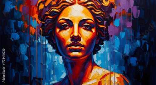 Noir Impasto Mythological Goddess Portrait in Fiery Orange Blue and Violet, Abstract Spiritual Oil Painting with Expressive Brushstrokes
