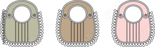 Vector illustration set of three decorative baby bibs for infants, featuring pastel colors and an elegant, classic design with frills