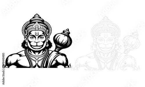 Lord Hanuman illustration with mace in hand, powerful Sankat Mochan Bajrang Bali vector art, black and white Hindu deity design