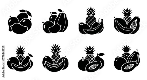 Black silhouettes of various tropical fruits arranged in repeating patterns