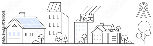 Urban buildings and houses with solar panels, trees, and minimalistic eco-friendly features. Ideal for renewable energy, sustainability, green living, urban planning, eco-technology, community