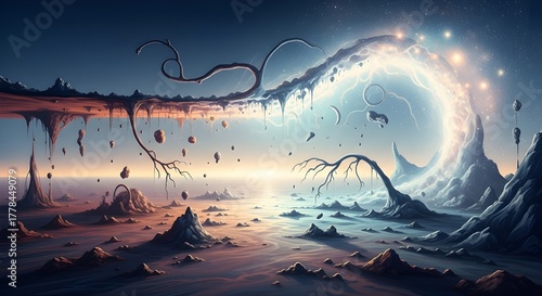 Surreal Boundary Between Reality and the Unknown, Mystical Abstract Scene with Ethereal Vortex and Shimmering Light