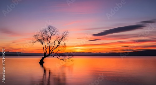 Solitary Leafless Tree Reflected in Still Lake at Sunset, Dramatic Landscape Photography with Vibrant Sky and Mountain Silhouette