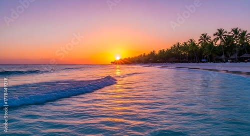 Radiant Sunset Over Turquoise Ocean with Palm Trees and White Sand Beach, Peaceful Tropical Seascape Photography
