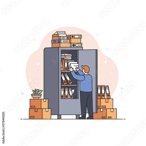 Man organizing storage cabinet with boxes and files