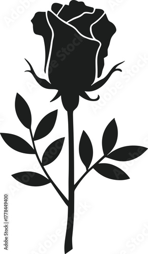 Black silhouette of a rose with leaves on a white background 3