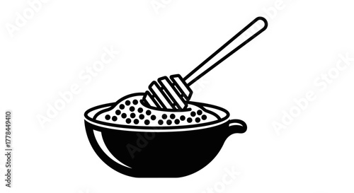 A simple black and white illustration of honey in a small bowl