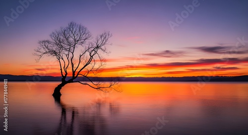Solitary Leafless Tree Reflected in Still Lake at Sunset, Dramatic Landscape Photography with Vibrant Sky and Mountain Silhouette