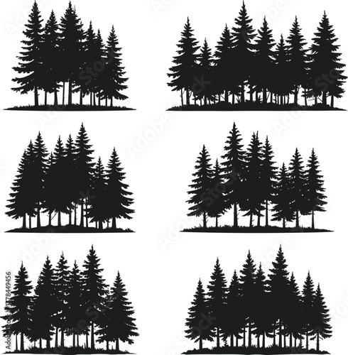 Pine Forest Silhouette Vector Set – Evergreen Tree Landscape Illustration