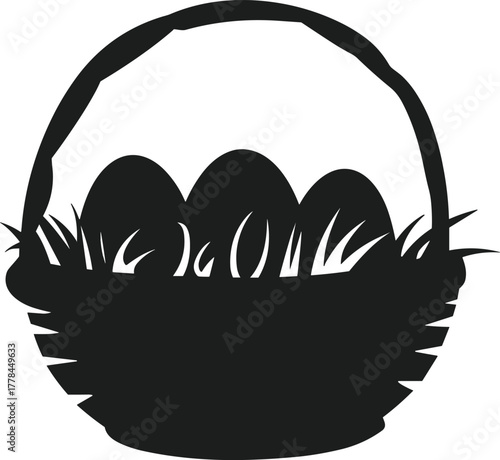 Black silhouette of an Easter basket with eggs and grass