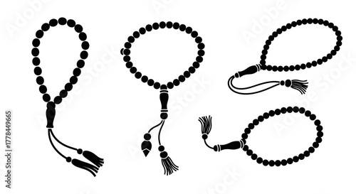 Black and white illustration of four islamic prayer beads or tasbihs