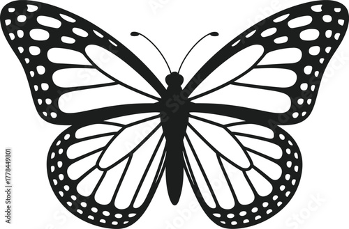 Black monarch butterfly silhouette with white spots and veins on white background