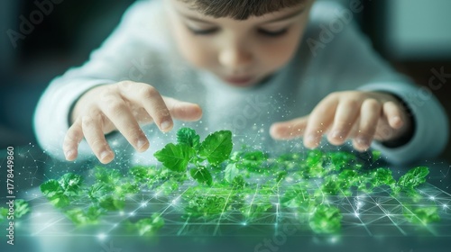 Sustainability environment policy concept. A child interacts with digital leaves in a futuristic environment.