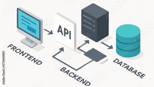 Backend System Illustration of a web architecture showing frontend, backend, API, and database components.